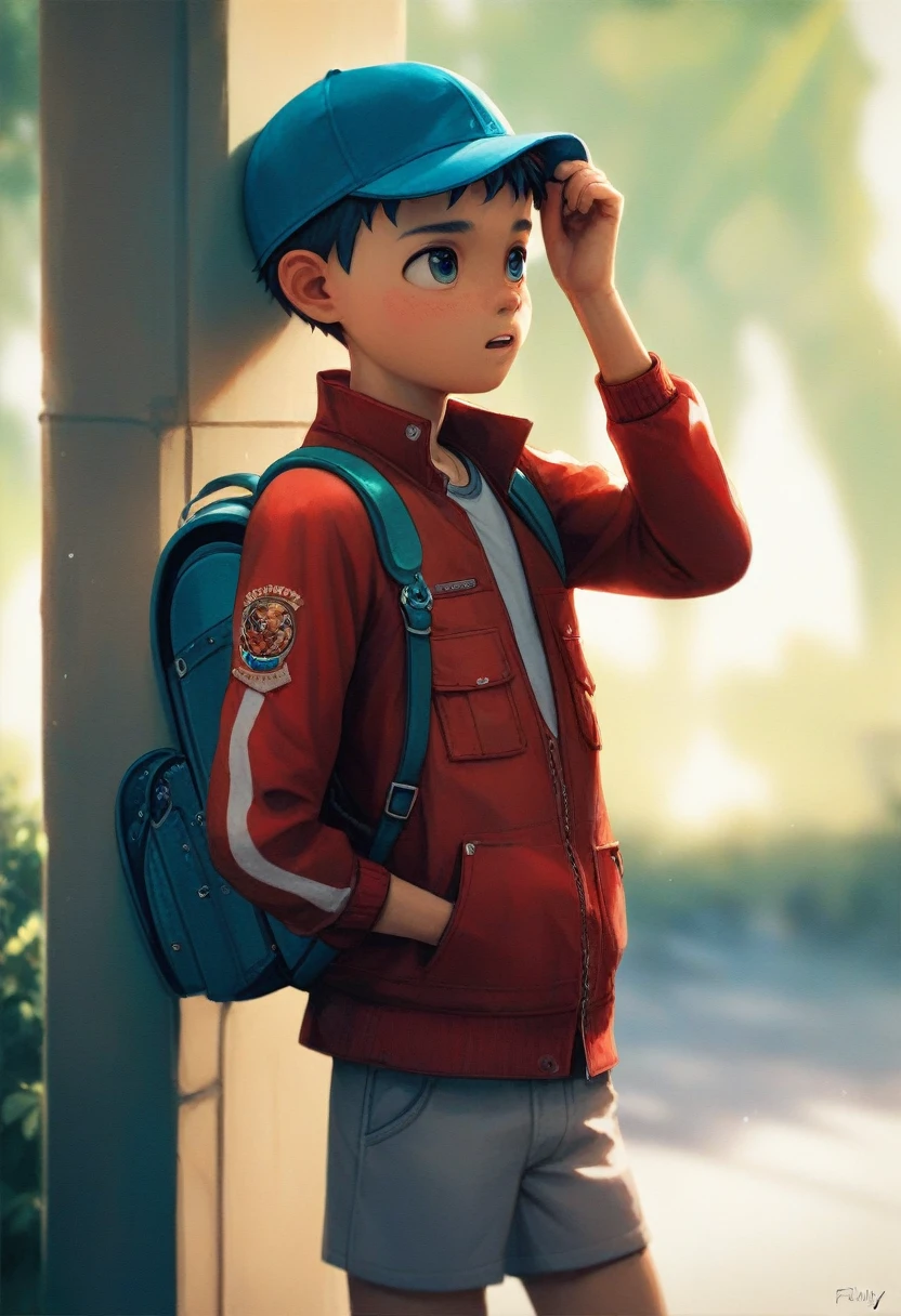 (((Masterpiece))), best quality, best quality, cowboy shot, perfect anatomy, realistic face, outdoors, sunny, warm sunlight, backlighting, dramatic lighting, painterly 1boy, (((shota))), wavy hair, solo, red jacket, three quarter view, cap, backpack, hand in pocket