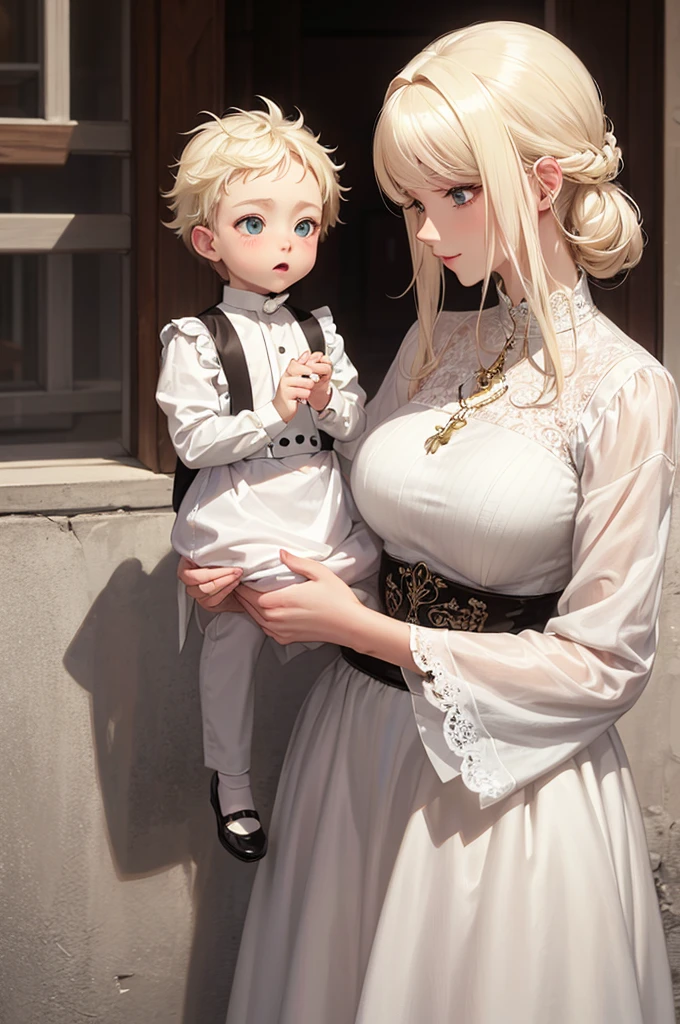 a blonde beautiful mother and her cute white haired son