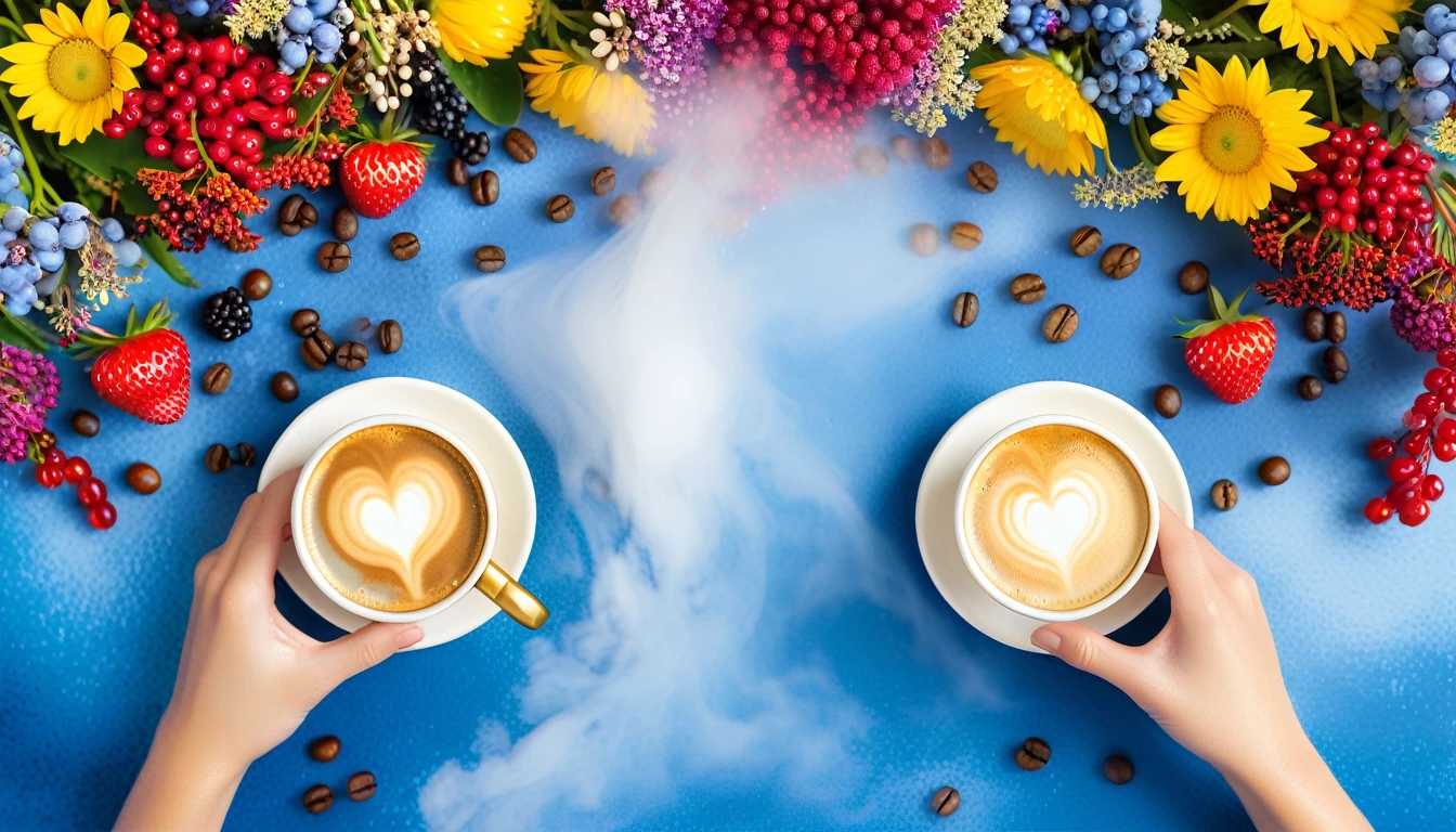 a couple of cups of coffee sitting on top of a table, dynamic colorful background, made of flowers and berries, connecting life, top rated, love is begin of all, gold and blue, connectedness, mist filters, open hand, early evening, amicable, yummy, two characters, instagram hd, awestriking