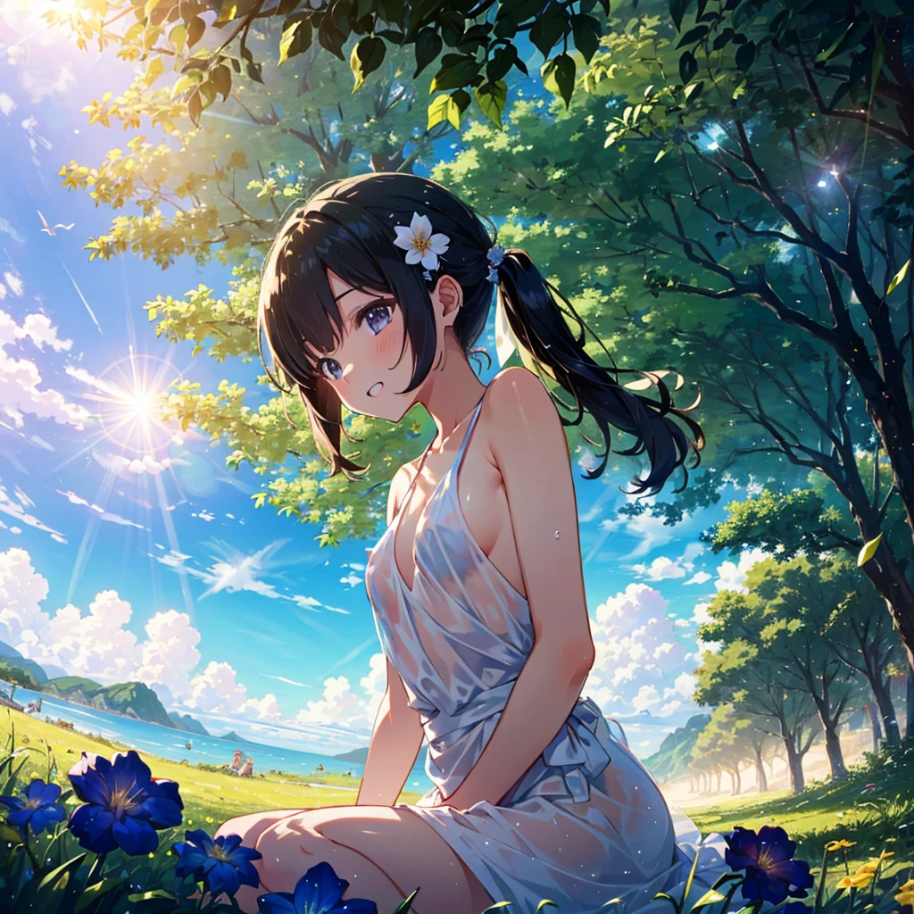 Adopted, colorful, very aesthetic, absurdes, masterpiece, top quality, Temporary, very delicate, high fantasy theme, , bionde, long hair, small breasts, hair ornament, Outdoors, Refreshing, Tyndall phenomenon, Lens flare, Movie shadow, Depth of field, Morning dew, Looking from the side, Cute, Wonderful, Beautiful, Dynamic angle, 1 girl, 7 years old, (Young: 2.0) , 独奏, grinning, beach, (比基尼), lots of flowers, hot, sunlight, Tyndall phenomenon,color々Perspective,((nsfw)),