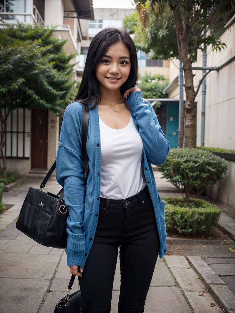 22 years old, girl, blue shirt and cardigan, black skinny jeans, black hair, indonesian girl, smile, with heel and bag, university