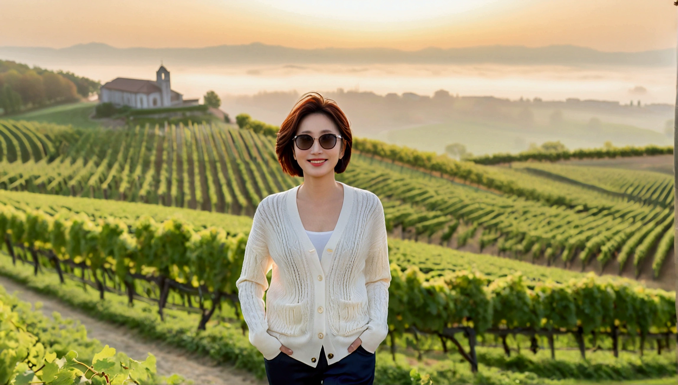 8k best picture quality, Beautiful 36-year-old Korean woman, Chest size 34 inches, northern italy countryside dawn, View of the cathedral next to the vineyards, The back background is realistic and vivid quality., Short hair, High-end luxury brand white shirt and cardigan, Wear casual pants, Smile slightly. the background is clear, It is spring, when grapes have not yet ripened. Standing on a hill on a curved path overlooking a vineyard covered in thick fog, Clear picture quality, Wear high-end luxury brand sunglasses, sunglasses with clear lines, Spring landscape without grapes, Well-groomed hair, Pretty and beautiful like a model, wearing a short cardigan.