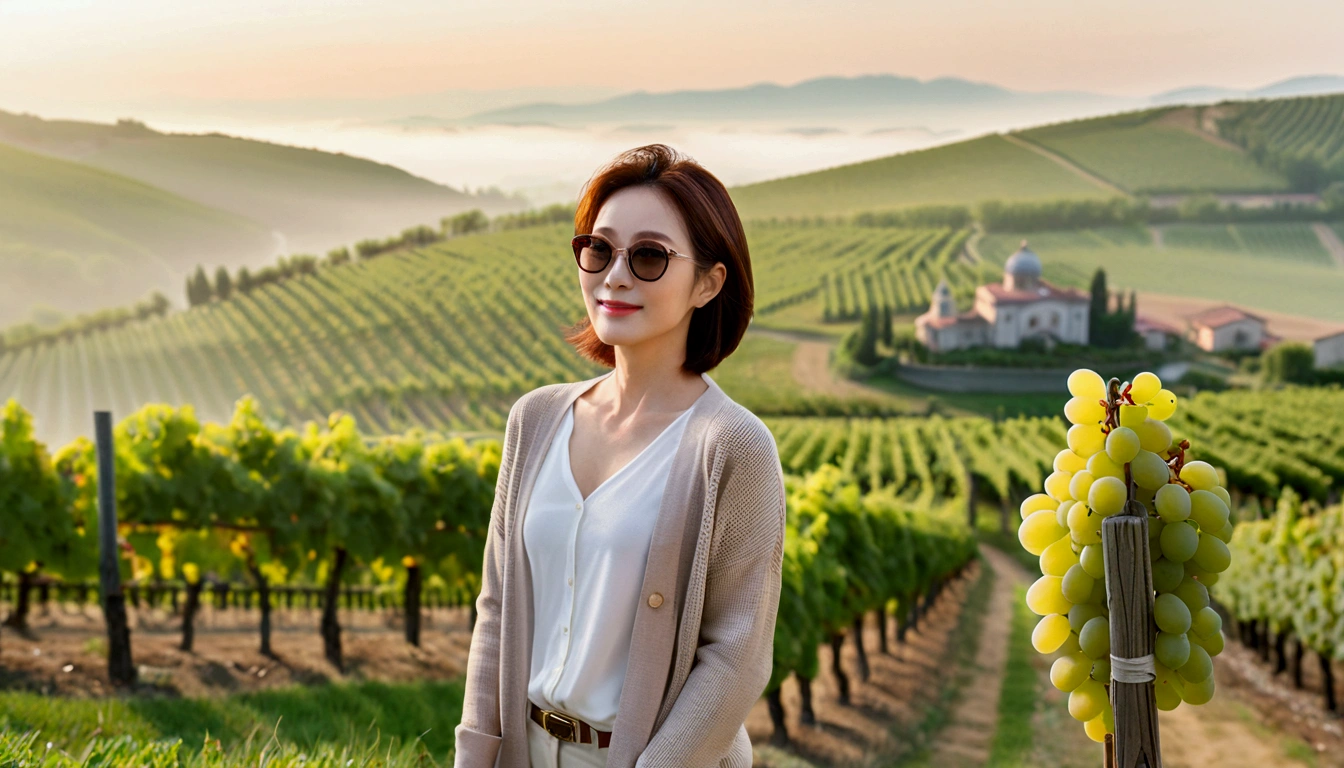 8k best picture quality, Beautiful 36-year-old Korean woman, Chest size 34 inches, northern italy countryside dawn, View of the cathedral next to the vineyards, The back background is realistic and vivid quality., Short hair, High-end luxury brand white shirt and cardigan, Wear casual pants, Smile slightly. the background is clear, It is spring, when grapes have not yet ripened. Standing on a hill on a curved path overlooking a vineyard covered in thick fog, Clear picture quality, Wear high-end luxury brand sunglasses, sunglasses with clear lines, Spring landscape without grapes, Well-groomed hair, Pretty and beautiful like a model, wearing a short cardigan.
