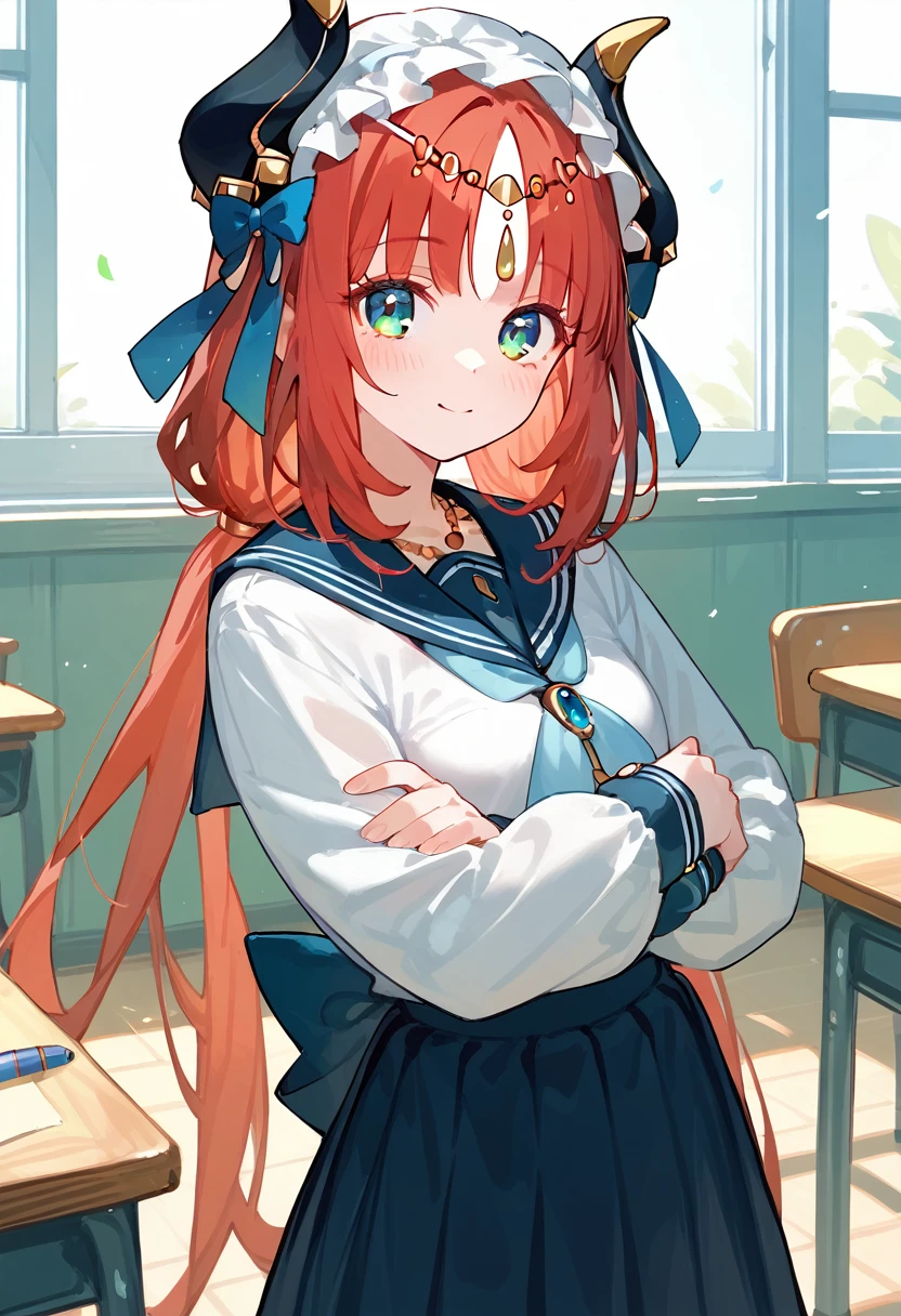 masterpiece,High resolution nilou,One girl,Sailor suit,classroom,Not wearing any covering,
