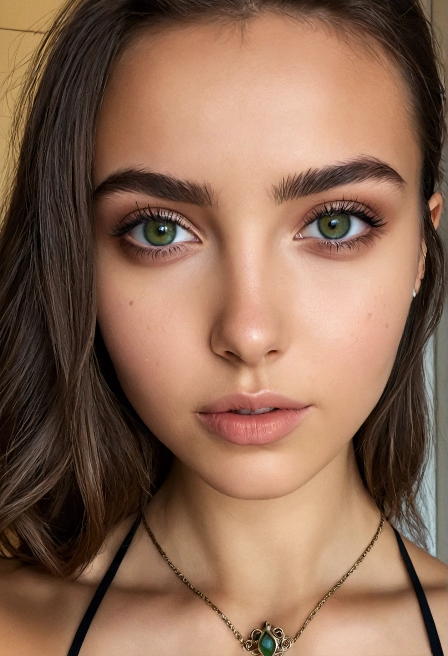 Arafed Femme un collier, Fille sexy aux yeux verts, peau bronzée, Portrait Sophie Mudd, cheveux bruns et grands yeux, selfie d'une jeune femme, yeux de la chambre, Violette Myers, sans maquillage, Maquillage naturel, regardant directement la caméra, Cara avec Artgram, maquillage subtil, Impressionnante photo de corps entier, yeux verts perçants, bel angle, pose attrayante, Mignon , pose sexy, Image du corps entier, corps entier, séance photo sur tout le corps, déesse brune, Détail élevé, Pose satisfaite, , hispanic portant un maillot de bain