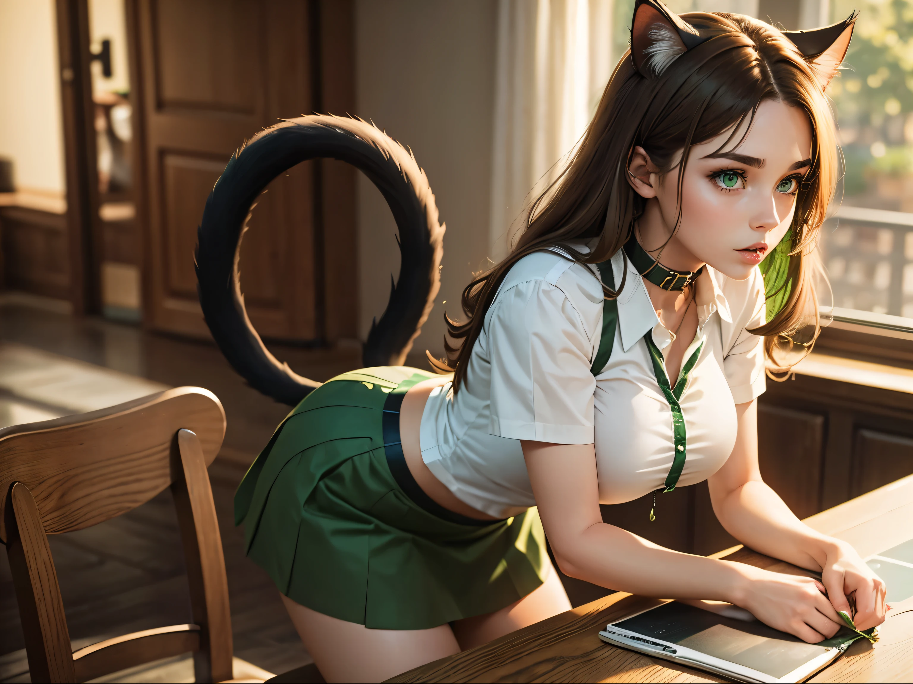 Woman, 20 years old,  Brown Hair, (Green Eyes:1.2), Large Breasts, Cat Ears, Cat Tail, Cat Collar, Green Skirt, White Collared Shirt, Leaning Forward, Hands on table