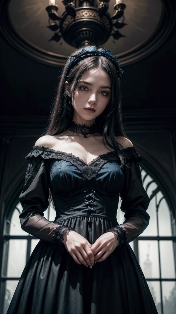 (work of art, best qualityer), details Intricate, 1 black girl, standing alone, blackw, dark brown hair, huge hair, hair with white ends, Ahoge, blue colored eyes, blue bows all over your hair, plein-air, regatta dress, black gown, neckleace, unexpressive, looking ahead at viewer,, ((Close up, standing alone, 1womanl, black lipstick, extremely detaild, soft ambient lighting, 4K, perfects eyes, a perfect face, perfect lighting, the 1 girl)), (shy, highest quallity, work of art:1.2), High definition RAW color photo, proffesional, cinematic light, gothic aesthetics, horor, mysterious atmosphere, dark eyeshadow, unforgettably beautiful, scary landscape, gothic architecture, mysterious atmosphere, decaying ruins, mist hazy, dramatic lighting, Color Dark, scary details, (beautfull woman, flowing black gown, haunted house, cute presence, Gothic fashion, lace and velvet, dark blue dress with gold and vclack), mysterious storm clouds, moonlight night, be supernatural, mysterious shadow, Gothic charm, romantic rose in a dark corner, Bright black roses, creeping vine, dripping candle, secret whispers、delicate sculptures, Ancient Curses, thunder and lightning, scary fog and crows, Medieval atmosphere, spiderweb, beautiful chandelier、Gargoyle - decorated roof, bleeding statue, sublime beauty, gothic aesthetic