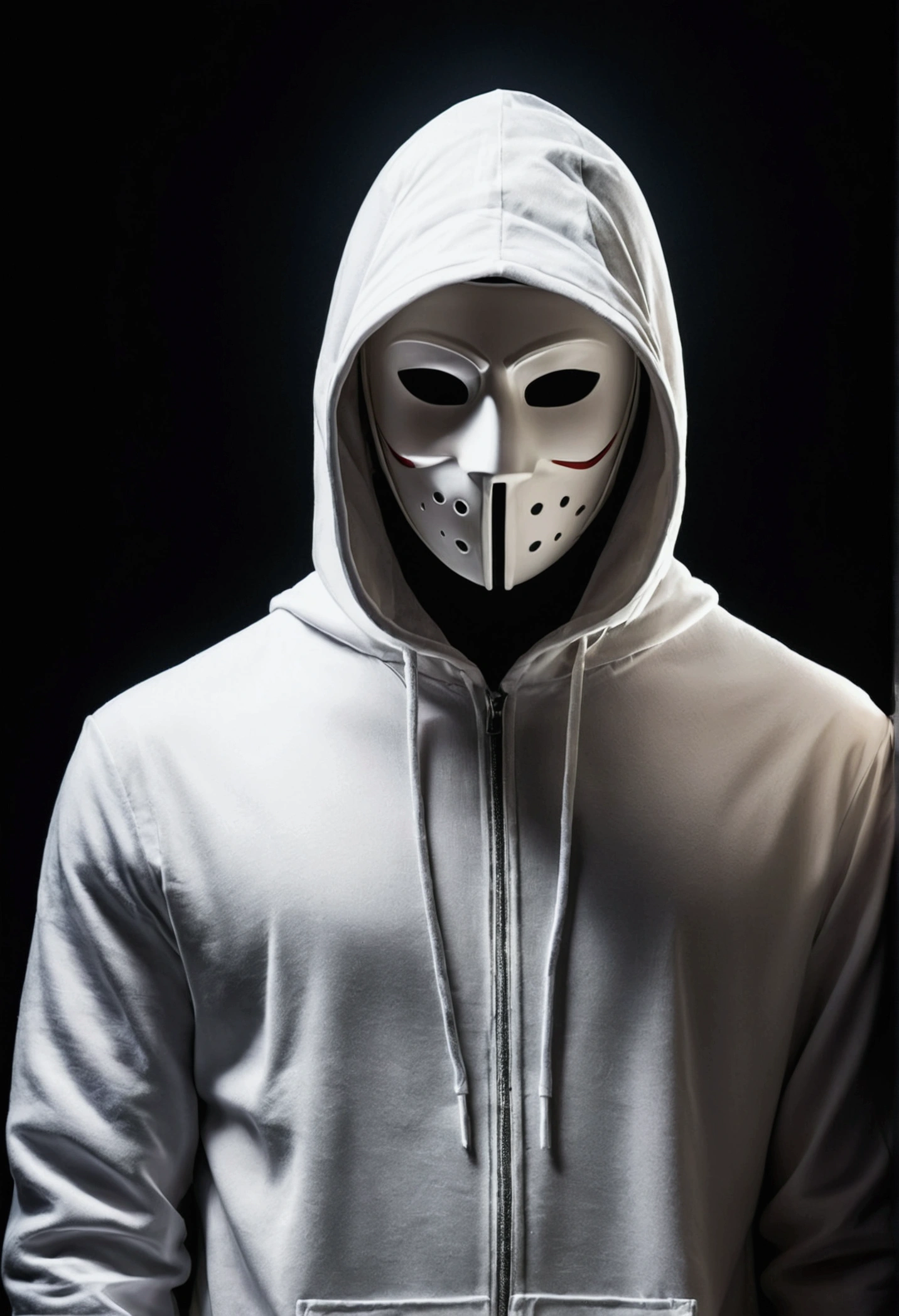 In a frontal pose, a mysterious man stands against a dark and mysterious background. His white hood and mask give him an air of secrecy., while your headphones suggest the music that keeps you company in this dark world.