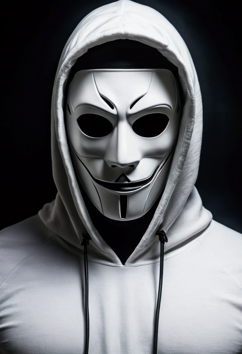 In a frontal pose, a mysterious man stands against a dark and mysterious background. His white hood and mask give him an air of secrecy., while your headphones suggest the music that keeps you company in this dark world.