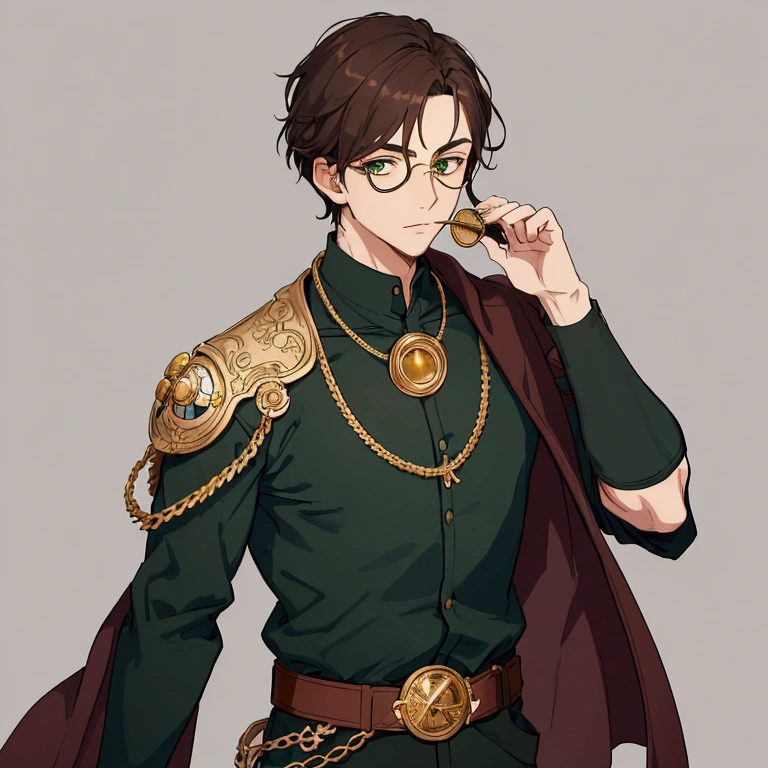 masterpiece, best quality, simple background, portrait, solo, guy, turned to the camera with his left shoulder, brown hair, green eyes, monocle on his left eye, dark blue mantle, one sleeve rolled up to the elbow, gray shirt under the mantle, brown belt belt, gold bar on the belt