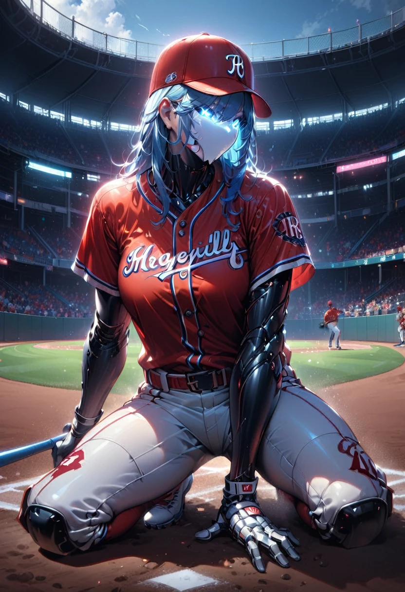 Young and beautiful woman,(Highest quality,Extremely detailed depiction,Incredible high resolution,Anatomically accurate depiction,software),(Glowing Skin,Glowing Skin),baseball player,Baseball uniforms,baseball pants,Baseball cap,gloves,悔しさからOn the mound泣く投手,A regretful face,Kneeling position,background:Baseball field during a game,Walk-off loss,On the mound