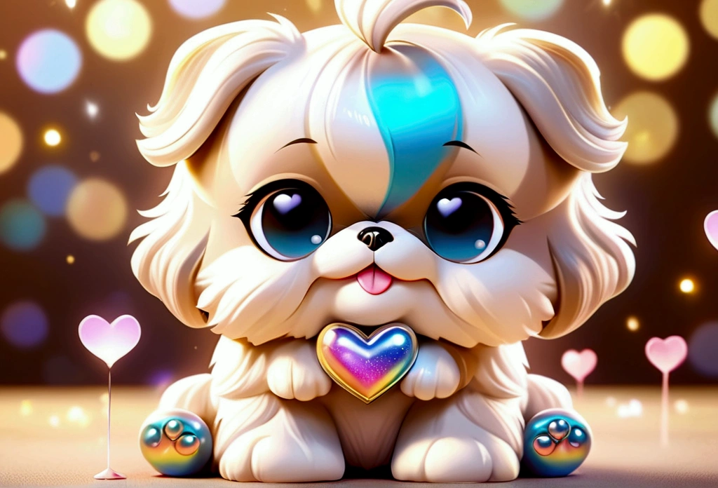 Cute 3d pearl black shih tzu puppy character, cute, in creamy and pearlescent iridescent bright color tones, adorable, childish, cartoonish, soft and fluffy texture extra soft, happy, bokeh, glowing hearts in the background, hyper-realistic, high resolution