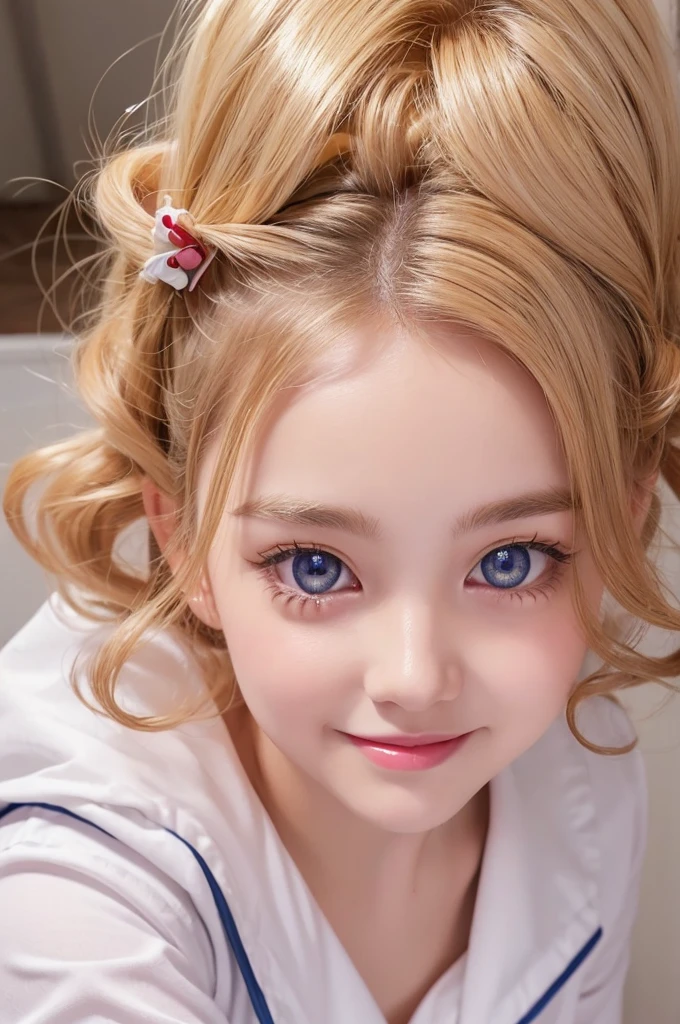 One girl、A little sexy、Blonde、Bobcut,Curly Hair、Dog ears、Red sparkling eyes、detailed cute eyes,(glowing eyes:1.4),laugh heartily,((Droopy eyes))、22 years old,nurse's outfit,posing,skinny body shape,short of a person,heart shaped pupils,smiling,open mouth,flushed cheeks,whitesmoke background color,looking at viewer,masterpiece, extremely fine and beautiful,masterpiece,