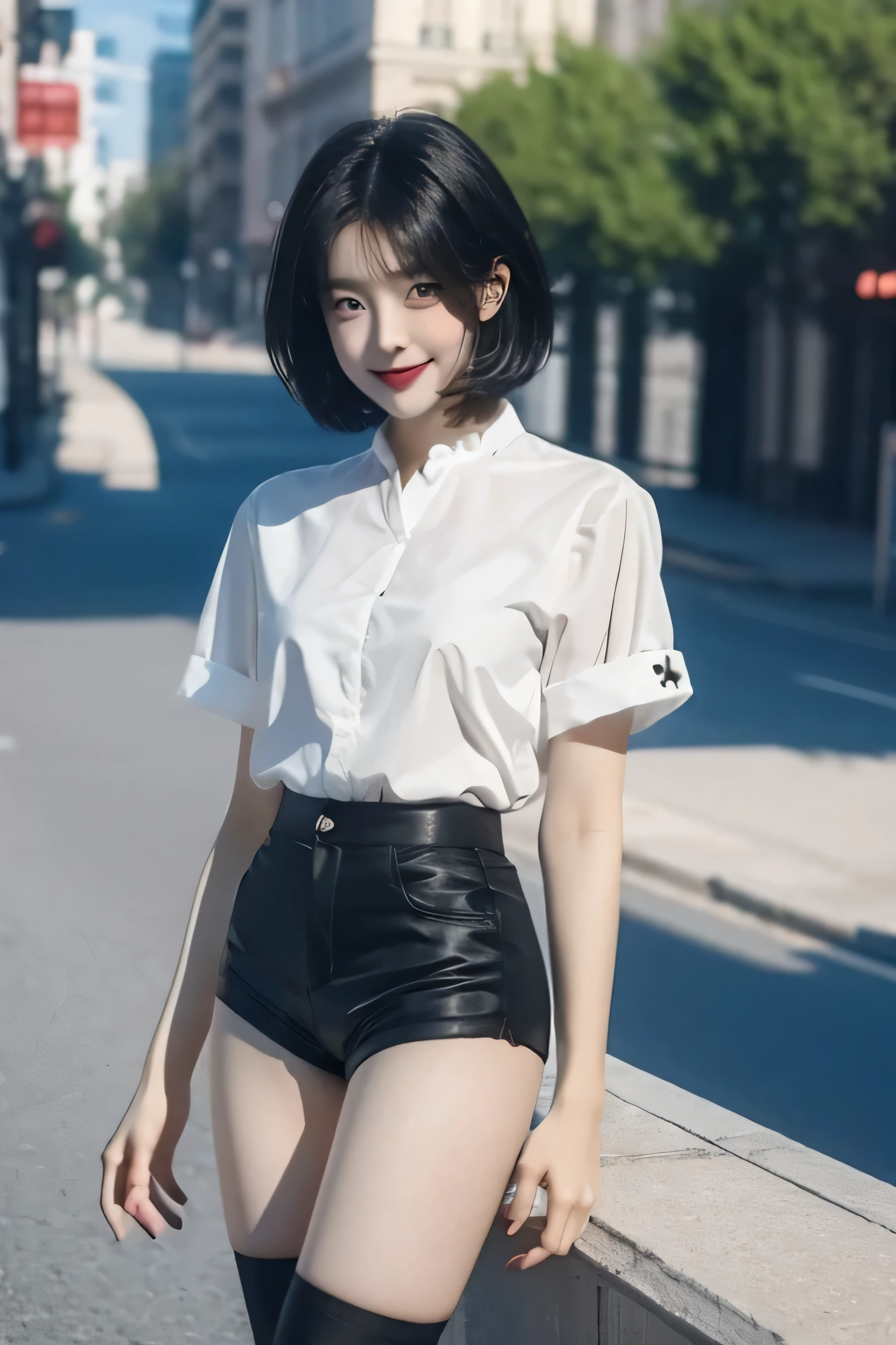 Beauty girl, smile, black hair, white skin, short hair, blouse, on park, short pants, stockings, sexy legs, sexy girl
