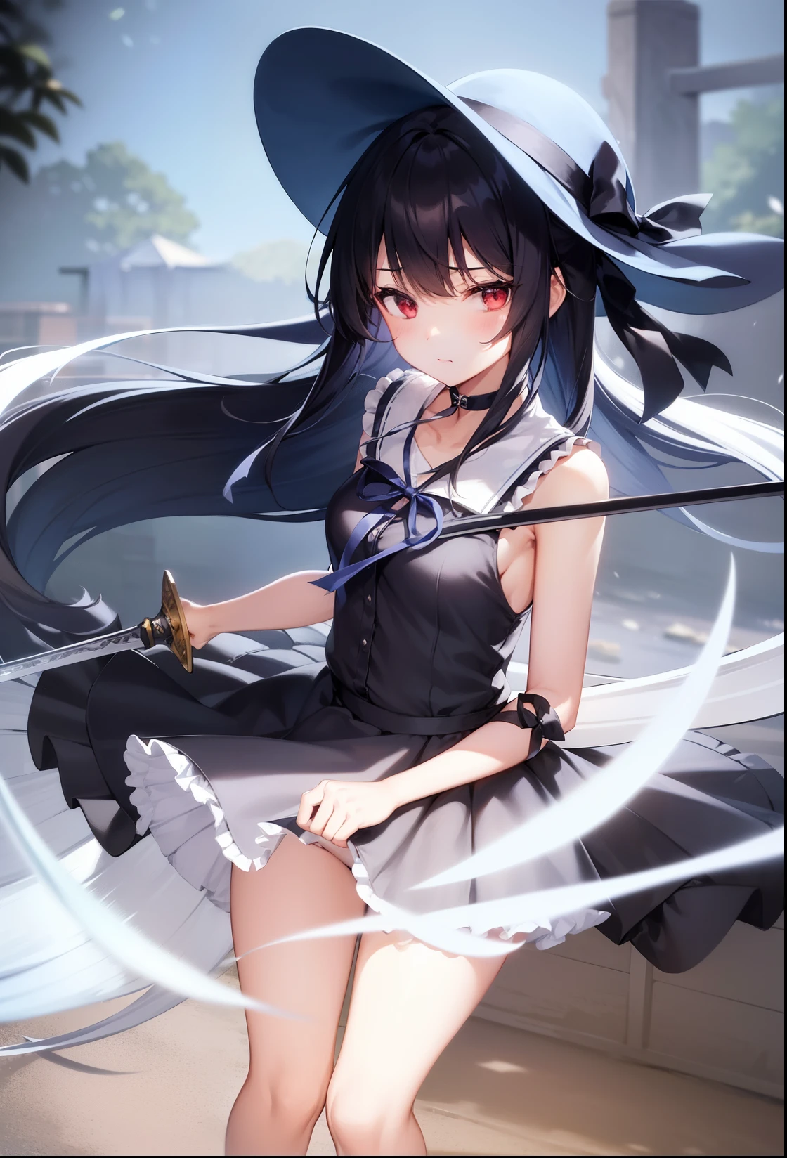 1girl, black ribbon, blue ribbon, blue skirt, collarbone, dress, dress shirt, floating hair, frilled skirt, hair ribbon, hat, holding, holding sword, holding weapon, long hair, looking at viewer, looking back, miniskirt, multiple views, neck ribbon, night, one eye closed, outdoors, pleated skirt, red eyes, ribbon, shirt, skirt, sleeveless, sleeveless dress, standing, straw hat, sun hat, sundress, sword, thighhighs, very long hair, weapon, white dress, white shirt, zettai ryouiki