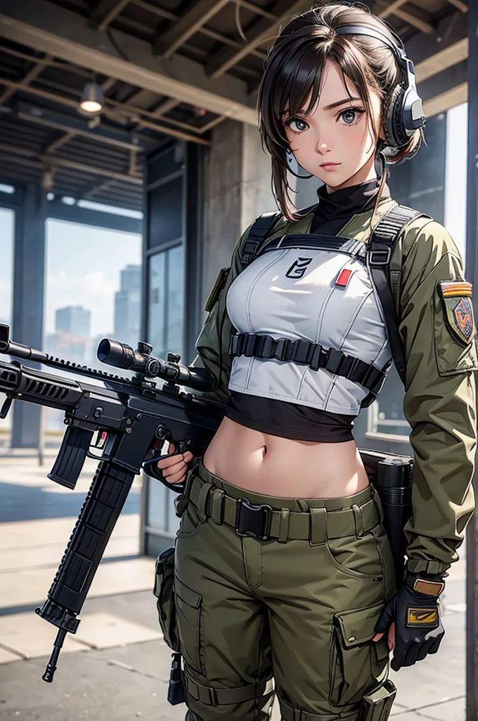 Woman in white holding a rifle and wearing headphones, 24 year old woman, young soldier, mechanized young soldier, Military Girl, beautiful female soldier, Female lead character, Military Girlราบ, Girl's sniper at war, solo female character, Future combat equipment, Half-body close-up, Woman wearing military bulletproof crop top, Show navel, Wear tactical equipment, Wear tactical armor., realistic navel shape