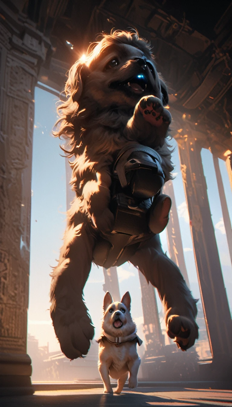 Low angle view,Looking up,A puppy in a superhero costume is suspended in the air,Canon EOS R5,Photo effects,Graininess,Glowing Effects,Super Fine,Ultra-realistic,Real light and shadow contrast,True ray tracing,True light falloff,True light reflection,Anti-aesthetic style,Poodlepunk,Snapshot aesthetic style , High Saturation,CG Art, Makoto Shinkai's photo, pure, Concept Art, Lofi Art style,Shinkai Makoto animation art style, Lofi Art, Beautiful anime scene, Anime Landscape, Detailed scenery, Makoto Shinkai's style, Makoto Shinkai's style, Enhance Details