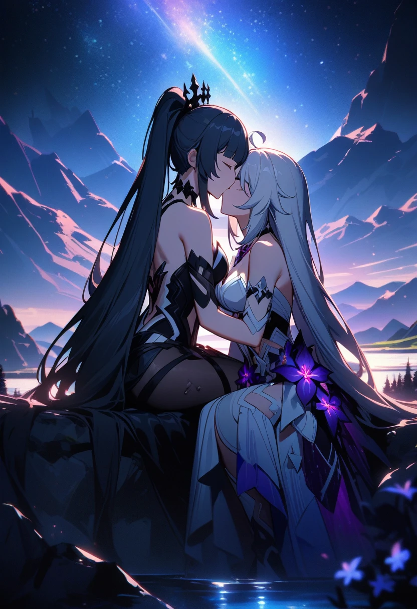 a beautiful detailed yuri scene of 2girls, Kiana Kaslana \(Herrscher of Finality)\ and Raiden Mei \(APHO)\, (Honkai Impact 3rd), very long hair, ponytail, (kissing:1.5) in a scenic landscape with mountains, a lake, and a starry nebula sky, romantic atmosphere, the girls sitting facing away from the camera, head resting on each other's shoulders, (best quality,4k,8k,highres,masterpiece:1.2),ultra-detailed, studio lighting, extremely detailed environment, vibrant colors, cinematic lighting