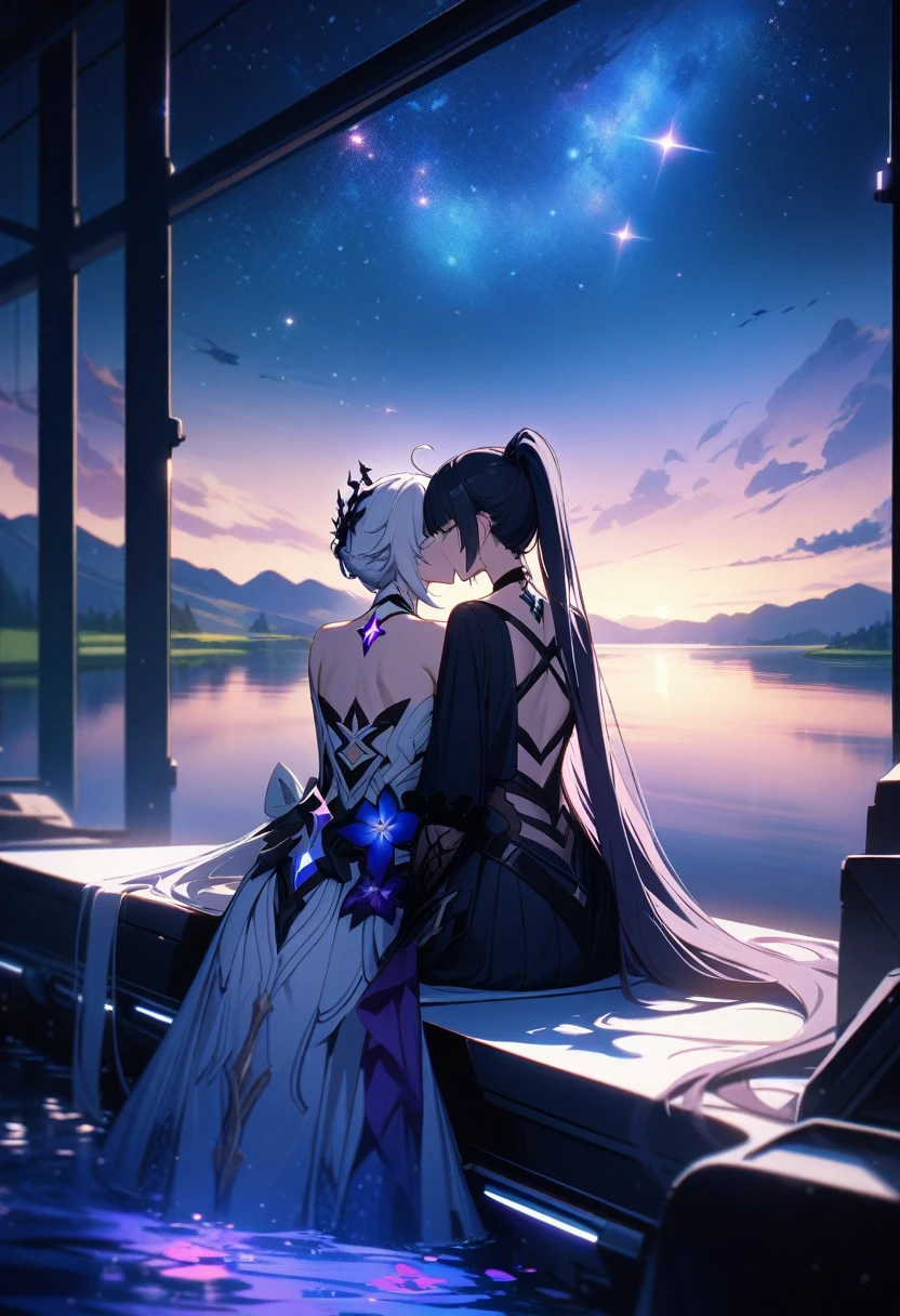 a beautiful detailed yuri scene of 2girls, Kiana Kaslana \(Herrscher of Finality)\ and Raiden Mei \(APHO)\, (Honkai Impact 3rd), very long hair, ponytail, (kissing:1.5) in a scenic landscape with mountains, a lake, and a starry nebula sky, romantic atmosphere, the girls sitting facing away from the camera, head resting on each other's shoulders, (best quality,4k,8k,highres,masterpiece:1.2),ultra-detailed, studio lighting, extremely detailed environment, vibrant colors, cinematic lighting