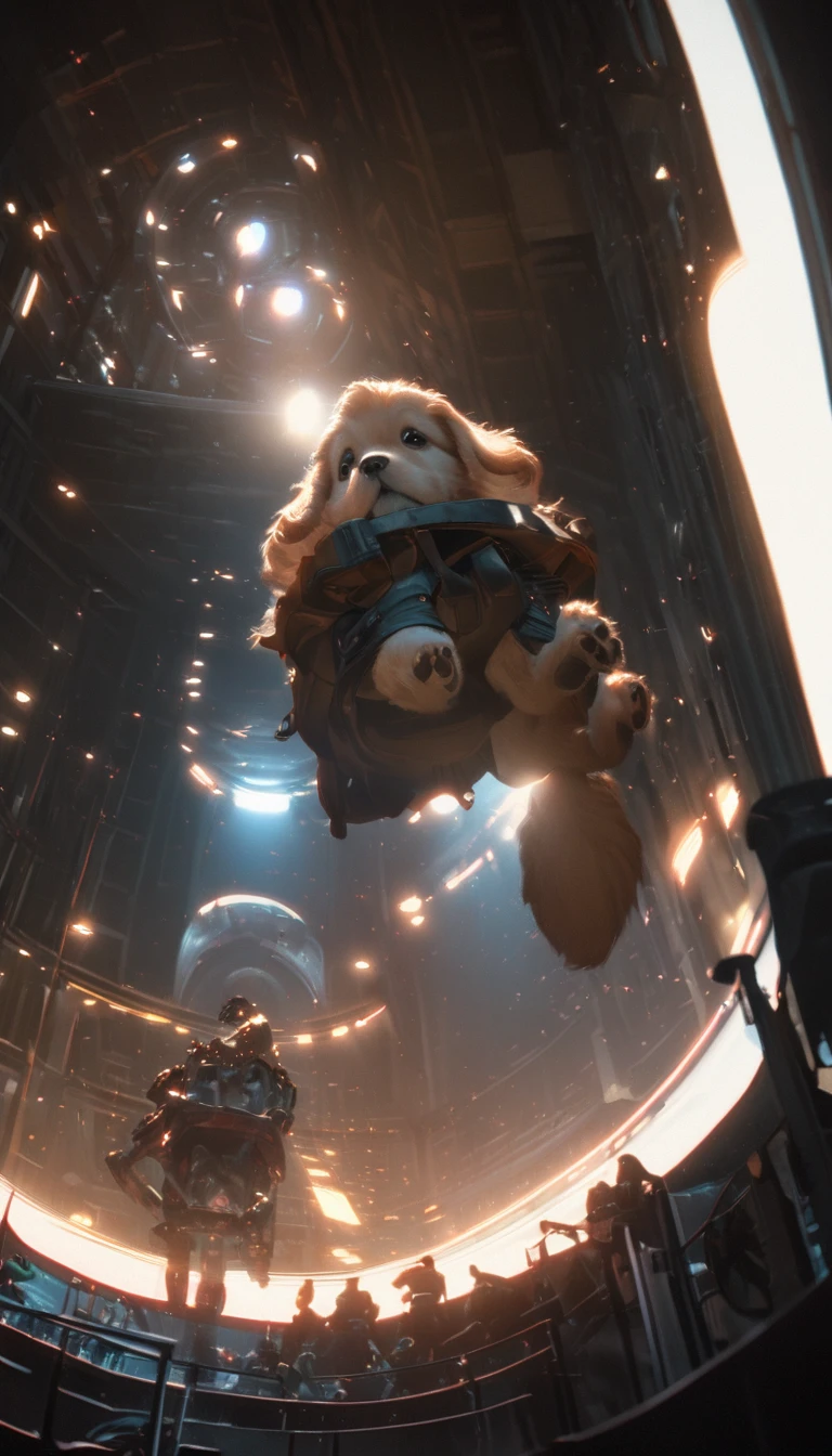 Low angle view,Looking up,A puppy in a superhero costume is suspended in the air,Canon EOS R5,Photo effects,Graininess,Glowing Effects,Super Fine,Ultra-realistic,Real light and shadow contrast,True ray tracing,True light falloff,True light reflection,Anti-aesthetic style,Poodlepunk,Snapshot aesthetic style , High Saturation,CG Art, Makoto Shinkai's photo, pure, Concept Art, Lofi Art style,Shinkai Makoto animation art style, Lofi Art, Beautiful anime scene, Anime Landscape, Detailed scenery, Makoto Shinkai's style, Makoto Shinkai's style, Enhance Details