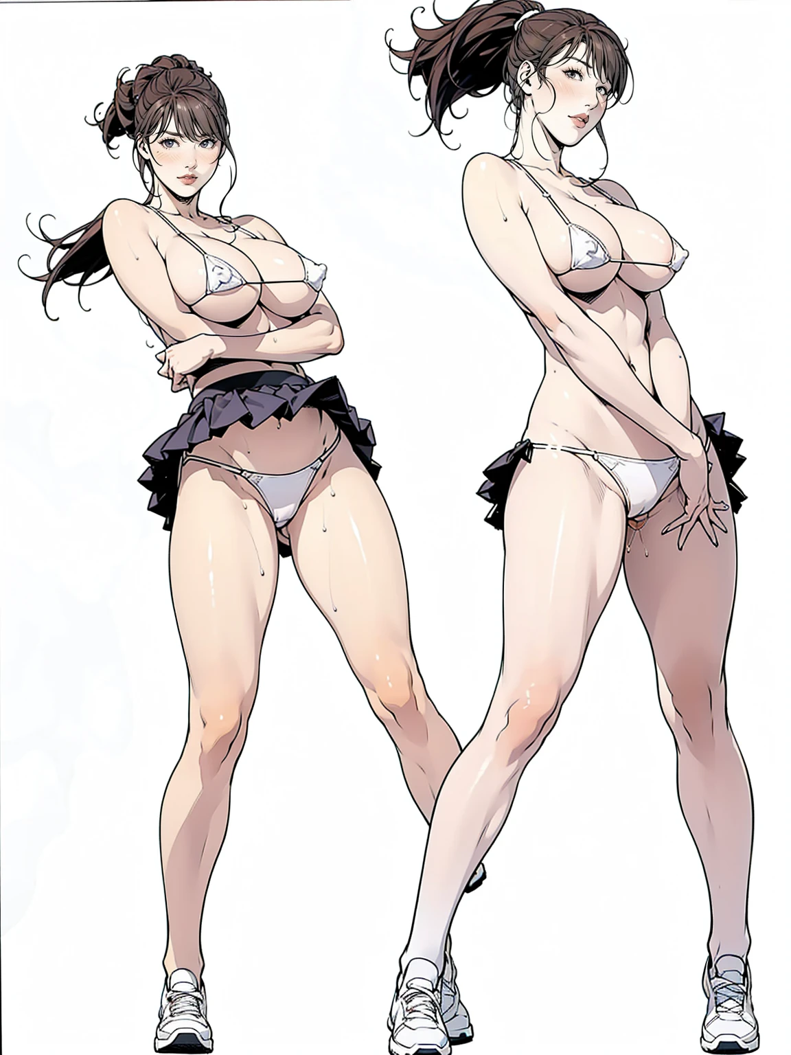 (masterpiece, Highest quality:1.2), One Girl, alone, whole body, Big Breasts,, Brown Hair,Big Breasts, Brown eyes, Mature Woman, ((Character design sheet)),((rough sketch)),Thick thighs,One Girl,Pussy juice,Sexy pose,Cheerleader, sneakers, ((White micro bikini panties)), ((Strong wind from the front)), ((Peeking up a skirt)), ((A skirt flipped up by the wind)), , Beautiful thighs,Wet,pubic hair,