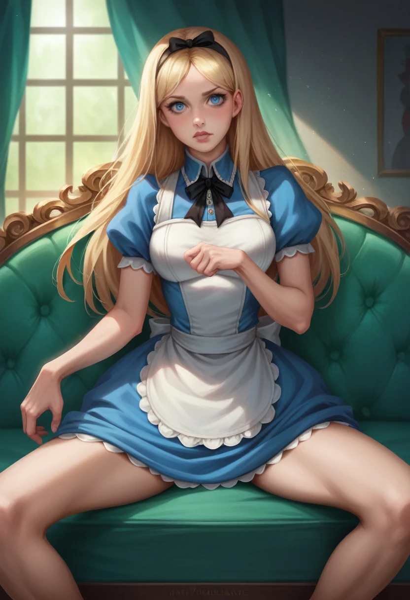 wxaliwonlan,1 girl, alone, long hair, blue eyes, blonde hair, dress, having fun in a magical fantasy world, Alice (Alice in Wonderland), Disney cartoon, masterpiece, best quality, (details intricate), highly detailed eyes, unique pose, dynamic pose, exaggerated angles and proportions, on a couch, realistic lighting, raw camera, photorealistic, realistic image, realistic detail, detailed body, detailed face, open legs