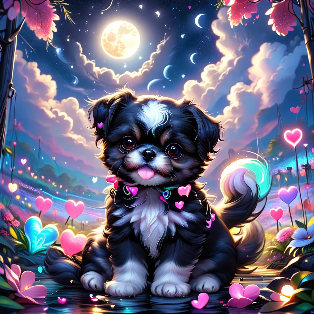 ValentineNatureStyleSDXL,no humans, flowers, water, plant, fantasy, petals, full moon, moon, cloud, colorful, hearts, outdoors, Darling, cute glowing black Shih Tzu puppy animal, sunlight, crescent moon, Contained Color