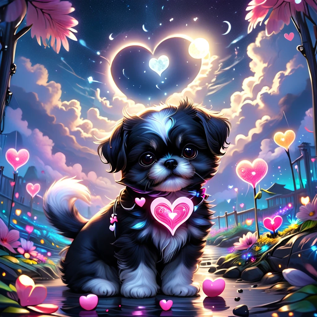 ValentineNatureStyleSDXL,no humans, flowers, water, plant, fantasy, petals, full moon, moon, cloud, colorful, hearts, outdoors, Darling, cute glowing black Shih Tzu puppy animal, sunlight, crescent moon, Contained Color