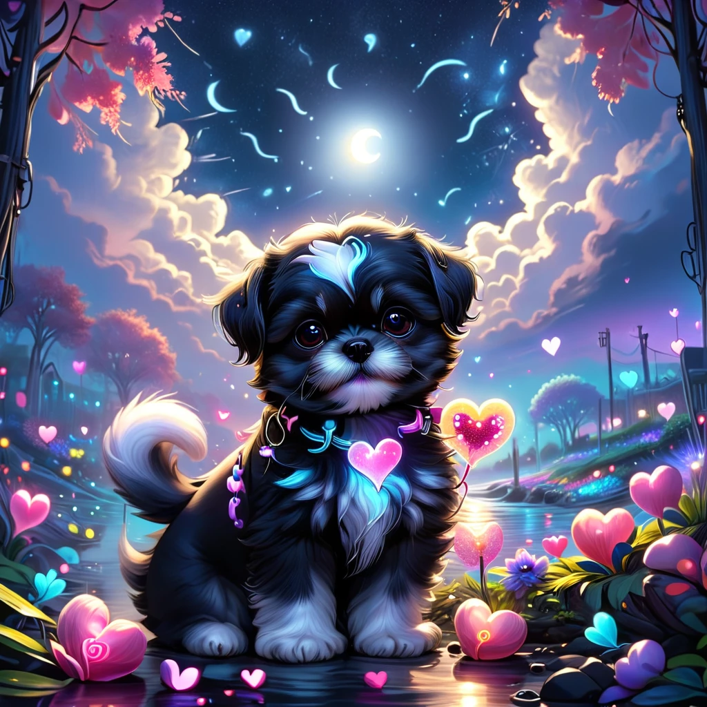 ValentineNatureStyleSDXL,no humans, flowers, water, plant, fantasy, petals, full moon, moon, cloud, colorful, hearts, outdoors, Darling, cute glowing black Shih Tzu puppy animal, sunlight, crescent moon, Contained Color