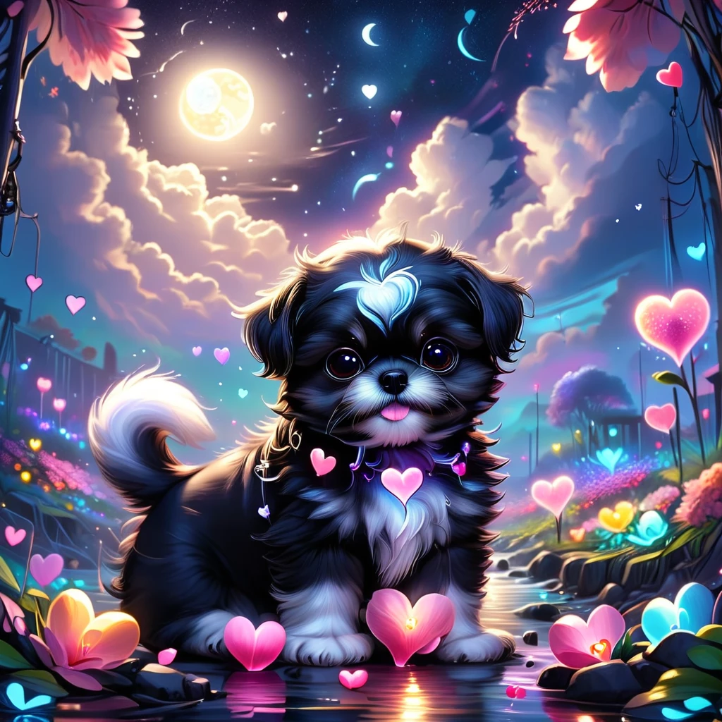 ValentineNatureStyleSDXL,no humans, flowers, water, plant, fantasy, petals, full moon, moon, cloud, colorful, hearts, outdoors, Darling, cute glowing black Shih Tzu puppy animal, sunlight, crescent moon, Contained Color