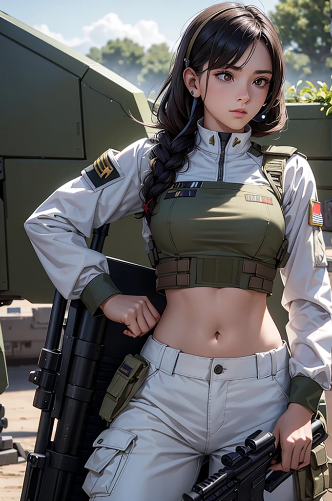a woman in a white outfit holding a rifle and wearing headphones, 24-year-old woman, Filipino woman, tan bronze skin, soldier girl, mechanized soldier girl, military girl, beautiful female soldier, female lead character, infantry girl, of a sniper girl in war, solo female character, future combat gear, close up half body shot, Women in crop top military bulletproof vest, showing navel, quiet from metal gear solid v, wearing tactical gear, dressed in tactical armor