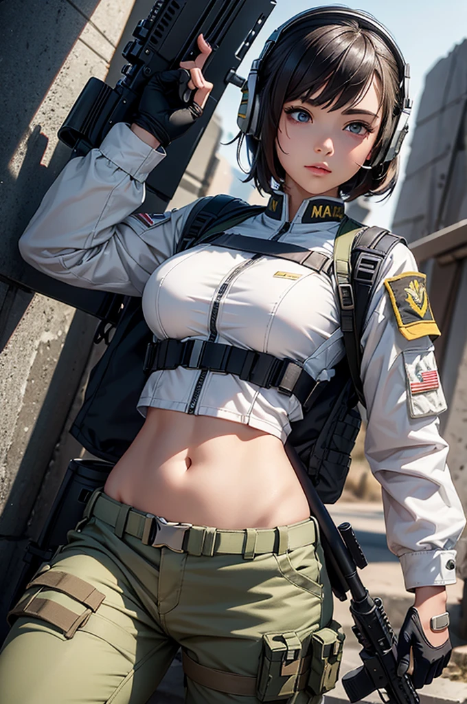 Woman in white holding a rifle and wearing headphones, 24 year old woman, young soldier, mechanized young soldier, Military Girl, beautiful female soldier, Female lead character, Military Girlราบ, Girl's sniper at war, solo female character, Future combat equipment, Half-body close-up, Woman wearing military bulletproof crop top, Show navel, Wear tactical equipment, Wear tactical armor., realistic navel shape