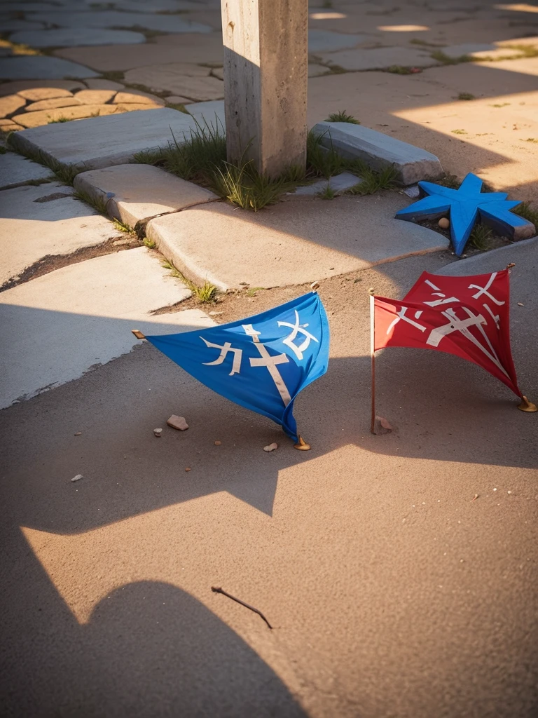 Four little flags fixed on the ground, white, blue, red and golden, with magic runes engraved on them