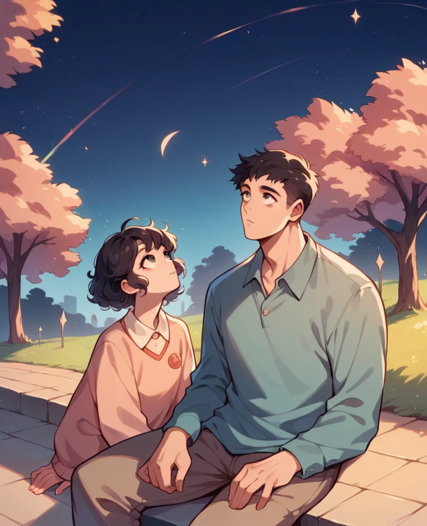 A cute girl with short curly black hair sitting next to a Chinese guy with black hair looking up at the night sky with thousands of stars around her super beautiful sitting in a park looking up at the beautiful dusk