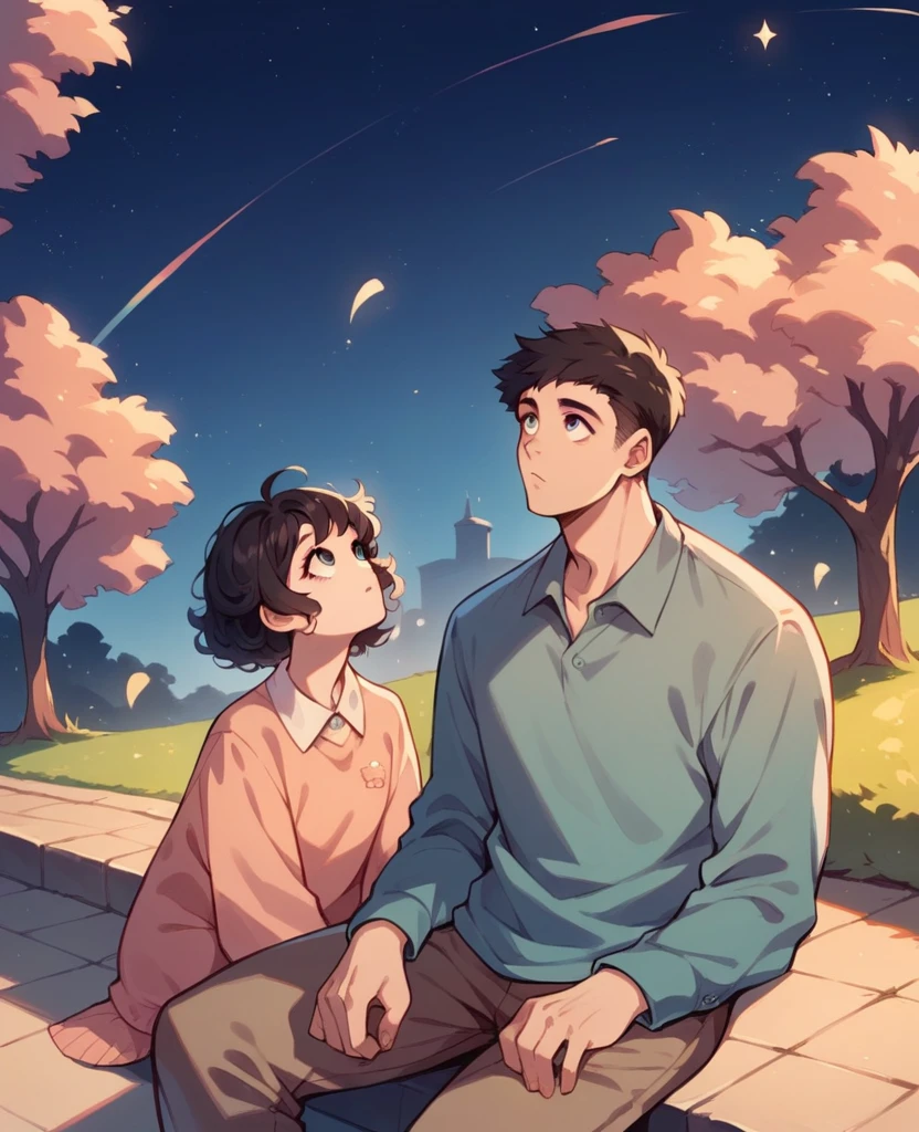 A cute girl with short curly black hair sitting next to a Chinese guy with black hair looking up at the night sky with thousands of stars around her super beautiful sitting in a park looking up at the beautiful dusk