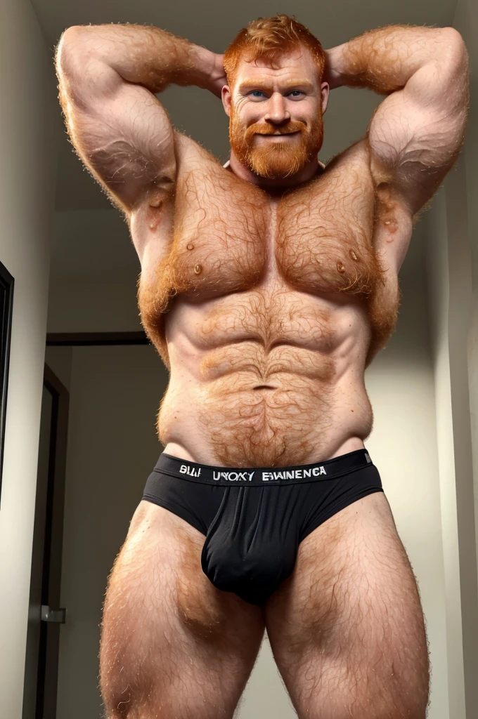 Extremely muscular, very hairy, rugged ginger daddy flexing his arms ((Sweaty)) ((Hairy)) ((Thick, full, curly ginger body hair all over)) ((Thick, excessive ginger chest hair)) ((Curly, full chest and torso hair)) ((Thick, full, ginger happy trail of hair all over his abs)) ((Late 40s)) ((Extremely handsome)) ((Square jaw)) ((Sweating)) ((Smiling menacingly)) ((wearing black underwear)) ((black briefs)) ((Excessive ginger body hair)) ((Buzz cut)) ((Extremely realistic)) ((Seductive glare)) ((Unibrow)) ((ginger unibrow)) ((caveman brow bone)) ((ginger handlebar moustache)) ((head to toe)) ((full body)) ((hairier)) ((more hair)) ((ape)) ((more body hair)) ((extreme body hair)) ((fur)) ((dad bod)) ((ginger)) ((black briefs)) ((underwear)) ((thick, ginger armpit hair)) ((clothed)) ((flexing arms)) ((flexing biceps)) ((buzz cut)) ((buzz cut)) ((older)) ((buzzed head)) ((no beard)) ((moustache only)) ((shaved chin)) ((gut)) (belly) chub