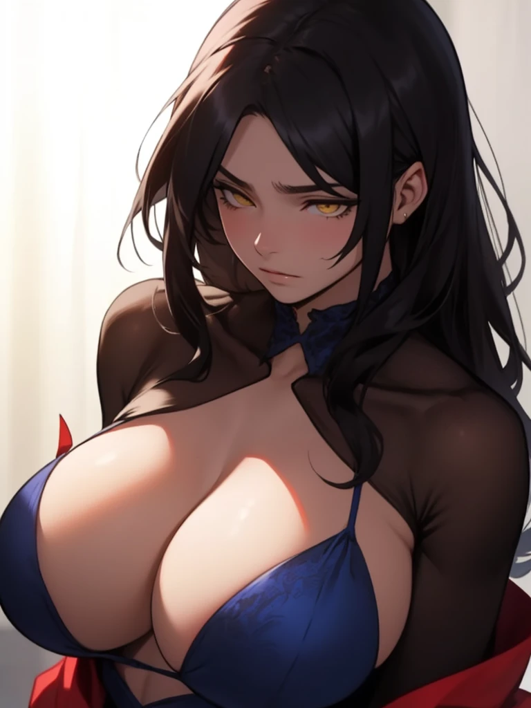 hair flaps massive hair long hair black hair onyx pale skin yellow eyes huge muscles huge breasts sad sad angry sad girl red silk red silk silk sad pale red silk sad