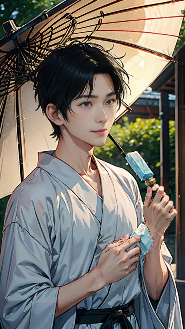 Japanese men、Black Hair、Short Hair、handsome man、30 years old、Handsome、Height: 180 cm、Wearing a gray yukata、Holding an ice lolly in his hand。Smiling and laughing、Two on the cheek、There are three drops of sweat、Eyes on the ice、Mouth open to eat ice cream、Extinguish the umbrella、Draw the eyes delicately、