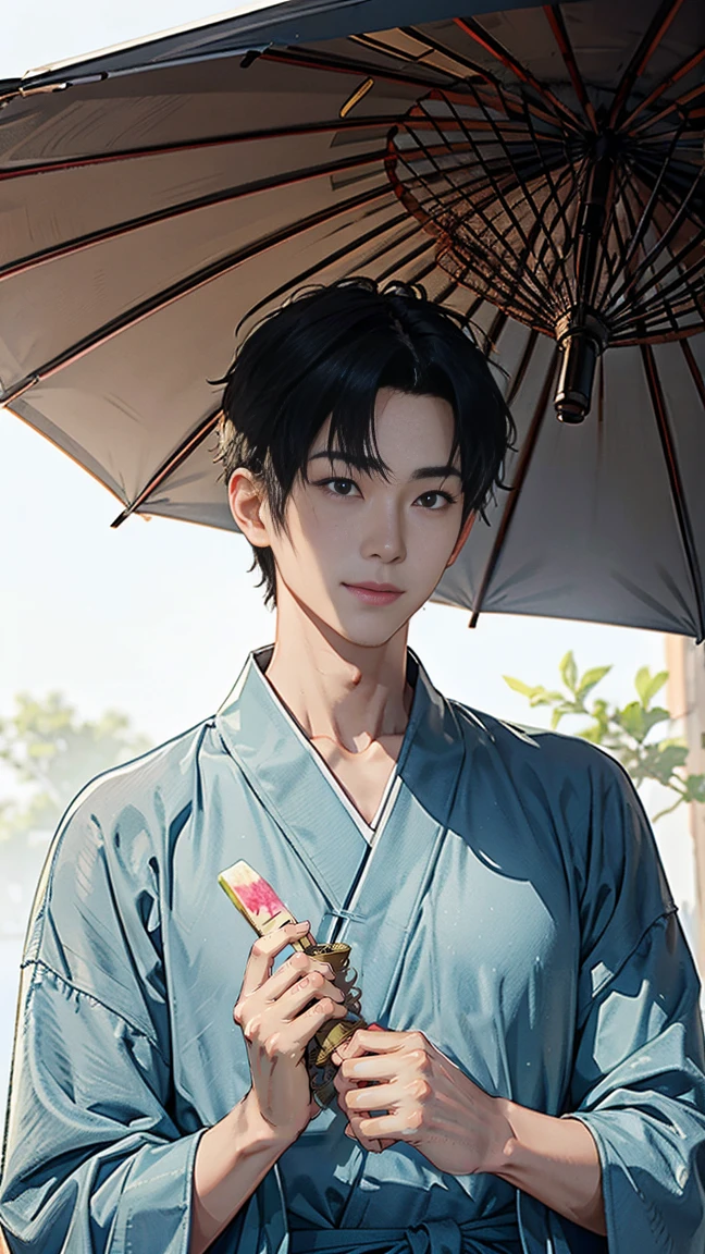 Japanese men、Black Hair、Short Hair、handsome man、30 years old、Handsome、Height: 180 cm、Wearing a gray yukata、Holding an ice lolly in his hand。Smiling and laughing、Two on the cheek、There are three drops of sweat、Eyes on the ice、Mouth open to eat ice cream、Extinguish the umbrella、Draw the eyes delicately、