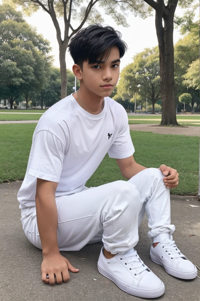 A boy who wear a white t shirt and black pant and white shoe sit on the ground behind a beautiful park