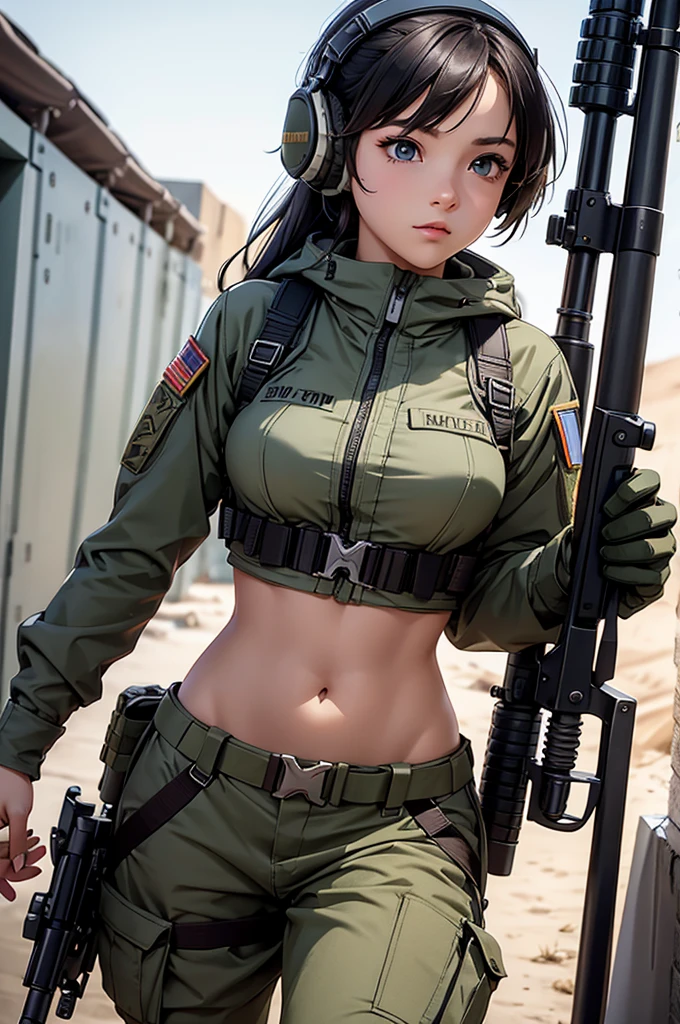 Woman in white holding a rifle and wearing headphones, 24 year old woman, young soldier, mechanized young soldier, Military Girl, beautiful female soldier, Female lead character, Military Girlราบ, Girl's sniper at war, solo female character, Future combat equipment, Half-body close-up, Woman wearing military bulletproof crop top, Show navel, Wear tactical equipment, Wear tactical armor., realistic navel shape