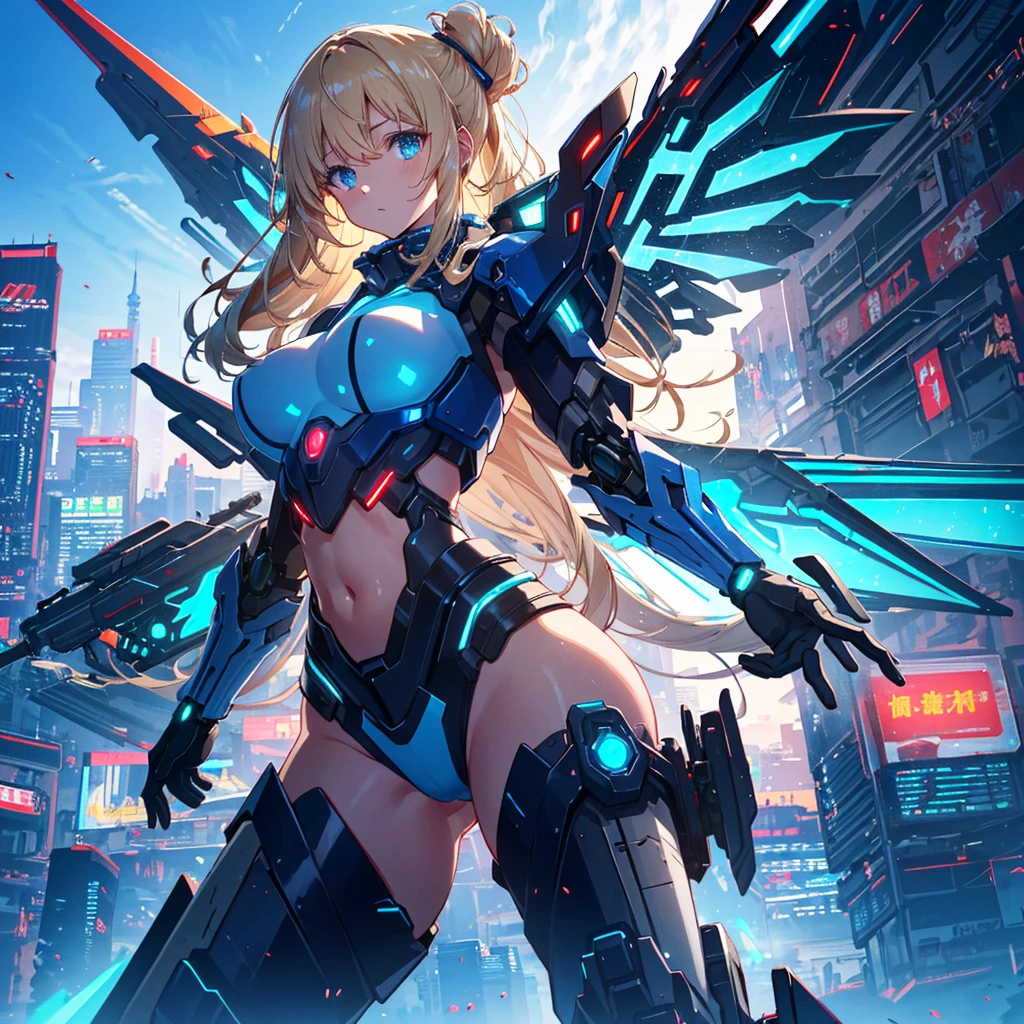 (Top Quality, 16k, Super Detailed, Detailed Face), (Masterpiece), (Perfect Anatomy: 1.4), ((Cyberpunk)), (Blown Out Skin: 1.4), (1 Girl, Solo ), (Spread out glowing mecha wing unit: 1.3), (Glowing mecha weapon: 1.2), (Mecha light gun), (Cerulean blue sky, future cityscape: 1.3), 17 years old, bright blonde hair, (Two Sides Updo, long hair), medium breasts, navel visible, wide skin area,