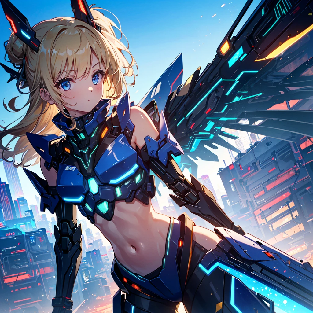 
(Top Quality, 16k, Super Detailed, Detailed Face), (Masterpiece), (Perfect Anatomy: 1.4), ((Cyberpunk)), (Blown Out Skin: 1.4), (1 Girl, Solo ), (Spread out glowing mecha wing unit: 1.3), (Glowing mecha weapon: 1.2), (Mecha light gun), (Cerulean blue sky, future cityscape: 1.3), 17 years old, bright blonde hair, (Two Sides Updo, long hair), medium breasts, navel visible, wide skin area,