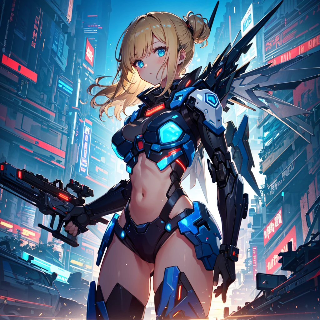 (Top Quality, 16k, Super Detailed, Detailed Face), (Masterpiece), (Perfect ???????: 1.4), ((Cyberpunk)), (Blown Out Skin: 1.4), (1 Girl, Solo ), (Spread out glowing mecha wing unit: 1.3), (Glowing mecha weapon: 1.2), (Mecha light gun), (Cerulean blue sky, future cityscape: 1.3), 17 years old, bright blonde hair, (Two Sides Updo, long hair), medium breasts, navel visible, wide skin area,