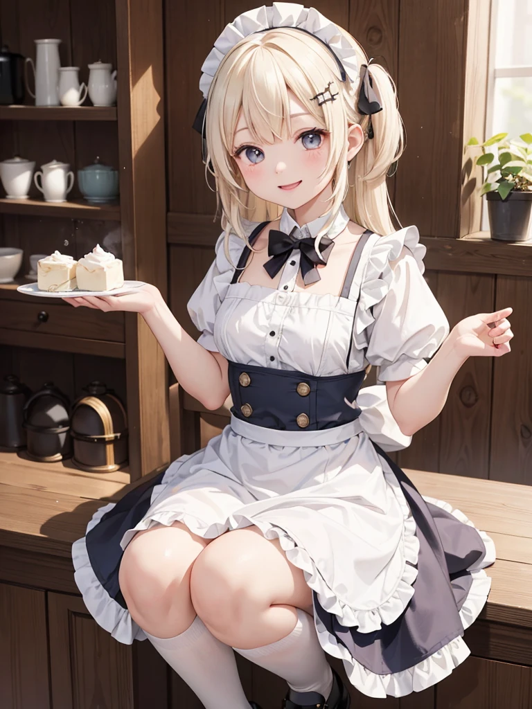 1 girl、As an adult、smile、shirt、skirt、apron、hair ornaments、Cream colored hair、Fairy、Maid、Maidコスチューム、（Small breasts）、Wind、Squat、