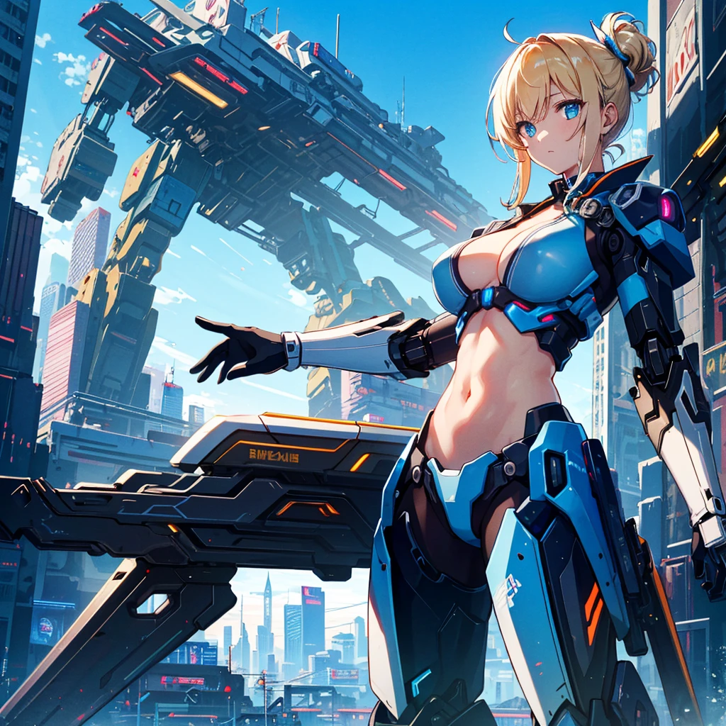 (Top Quality, 16k, Super Detailed, Detailed Face), (Masterpiece), (Perfect Anatomy: 1.4), ((Cyberpunk)), (Blown Out Skin: 1.4), (1 Girl, Solo ), (Spread out glowing mecha wing unit: 1.3), (Glowing mecha weapon: 1.2), (Mecha light gun), (Cerulean blue sky, future cityscape: 1.3), , bright blonde hair, (Two Sides Updo, long hair), medium breasts, navel visible, wide skin area,