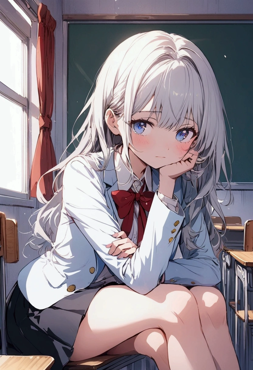 "High-quality anime-style illustration of a cute girl with long silver hair and bright blue eyes, sitting in a classroom. She is wearing a with a white blazer, red bow, and black skirt. The girl is looking slightly to the side with a shy expression, her hand near her face, and her legs crossed. The background shows a sunny classroom with desks and windows."