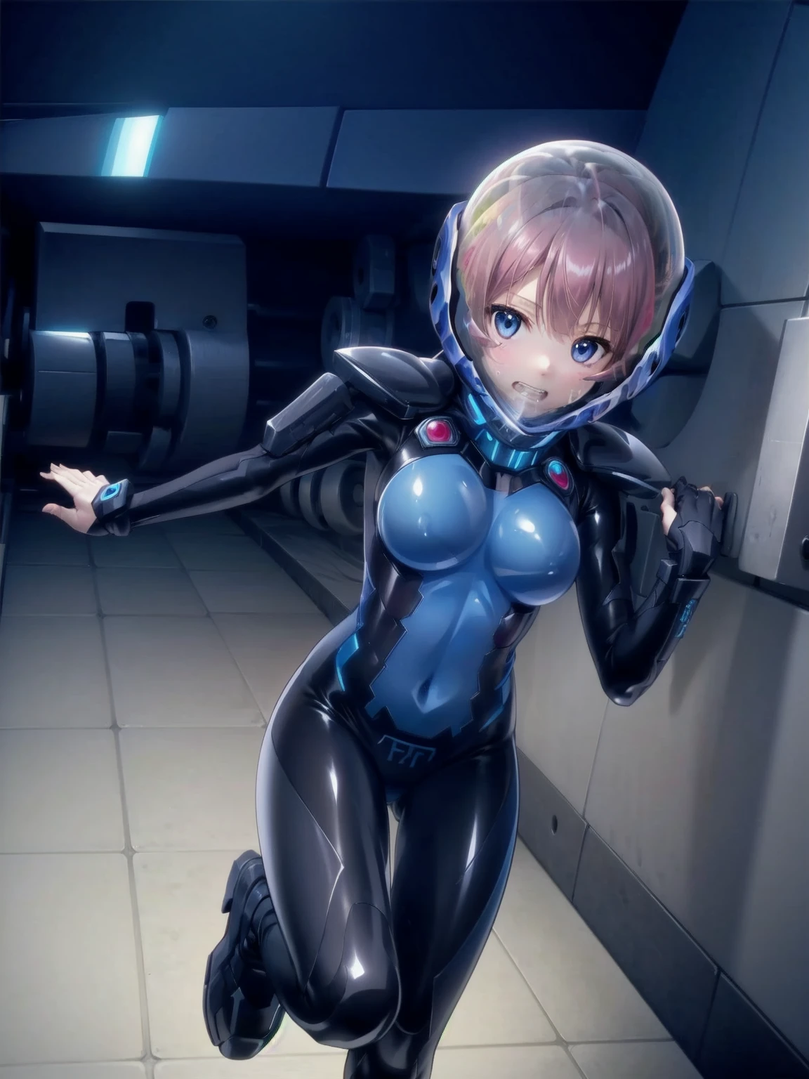 short hair, pink hair, street, emo,pink eyes, eyeliner, fortified suit, ((blue:1.5) plugsuit), short hair, (running fast:1.6),sweaty,clenched teeth,marathon event,looking ar forward,1),,asuka langley soryu, (souryuu asuka langley:1.2), short hair, bangs, blue eyes, brown hair, bodysuit, pilot suit, plugsuit, (red bodysuit:1.5, bubble helmet space helmet, from above