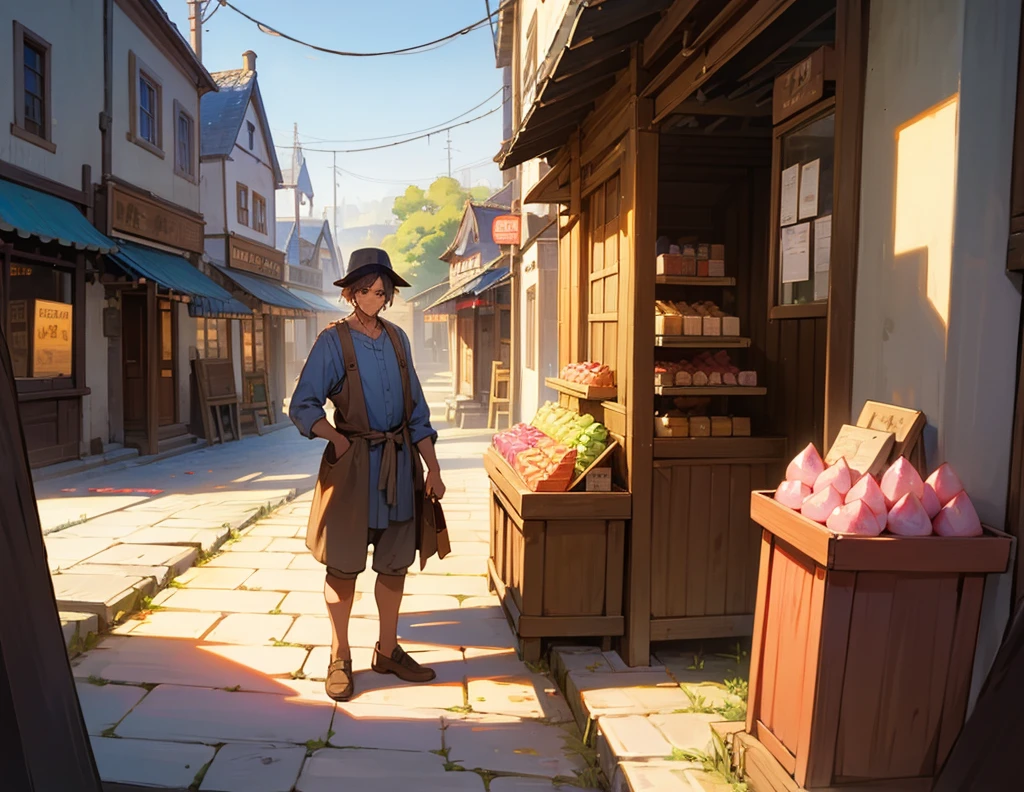 A village man who stand in sweet shop and buy dessert