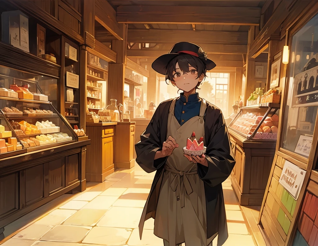 A village man who stand in sweet shop and buy dessert